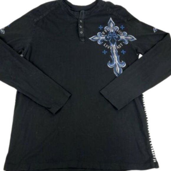 Affliction Live Fast 4-Button Long Sleeved Henley Black/Blue - 2XL